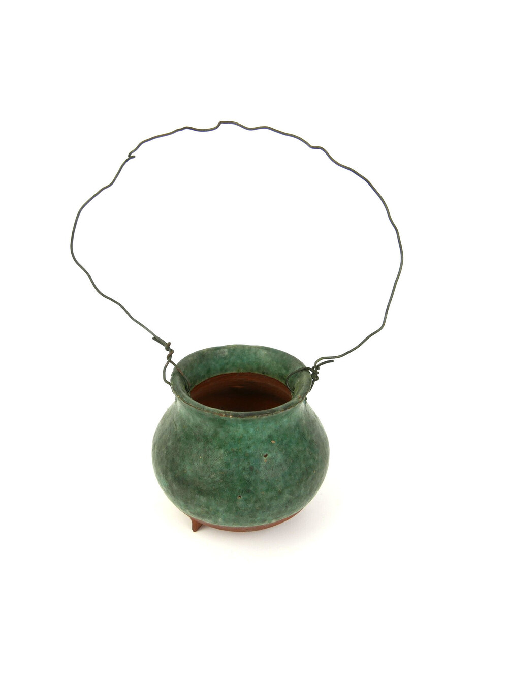 Antique Green Glazed Terracotta Miniature Cauldron Pot Planter Tripod Feet Wire